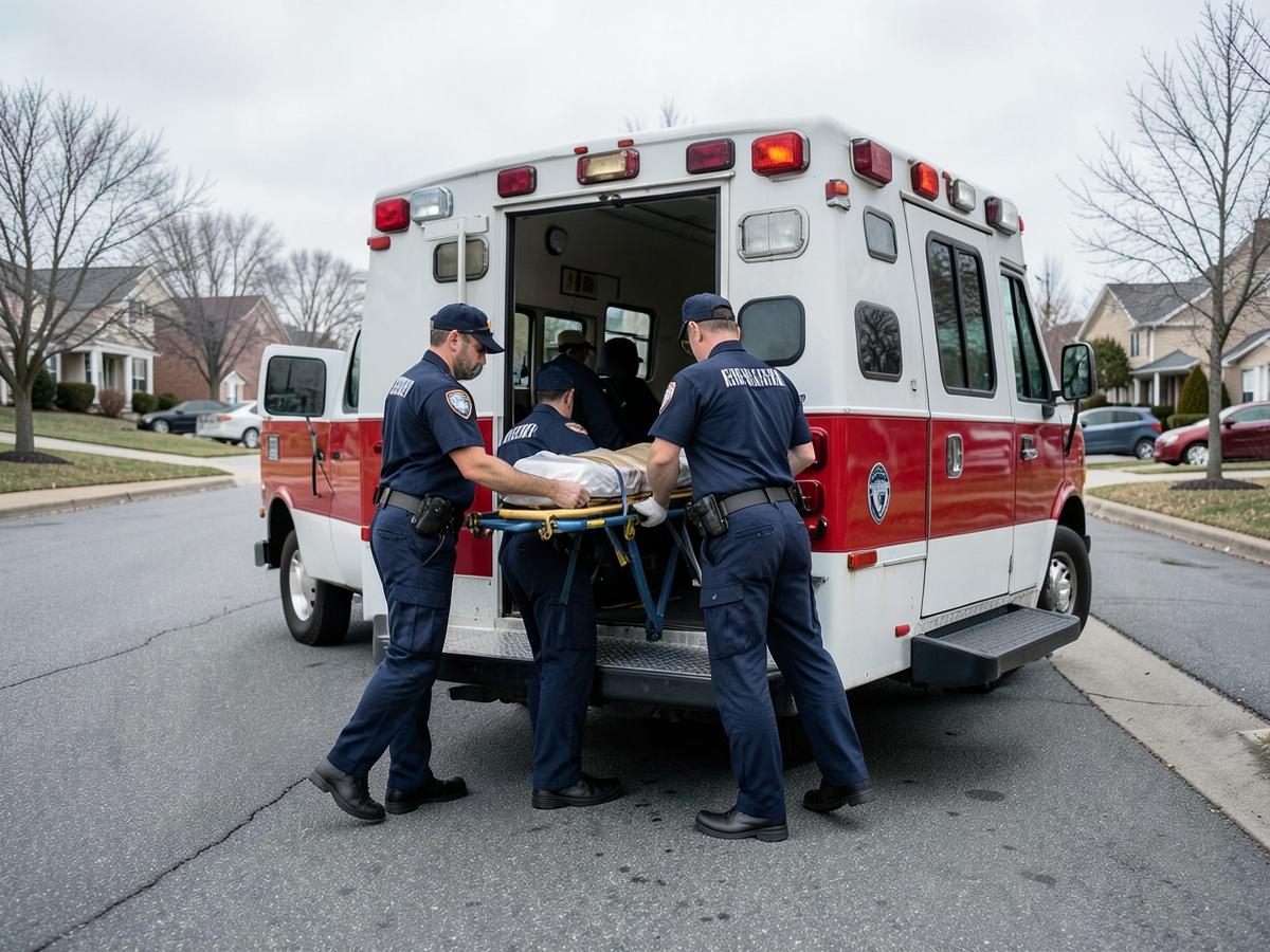 Two paramedics loading a stretcher into the back of an ambulance