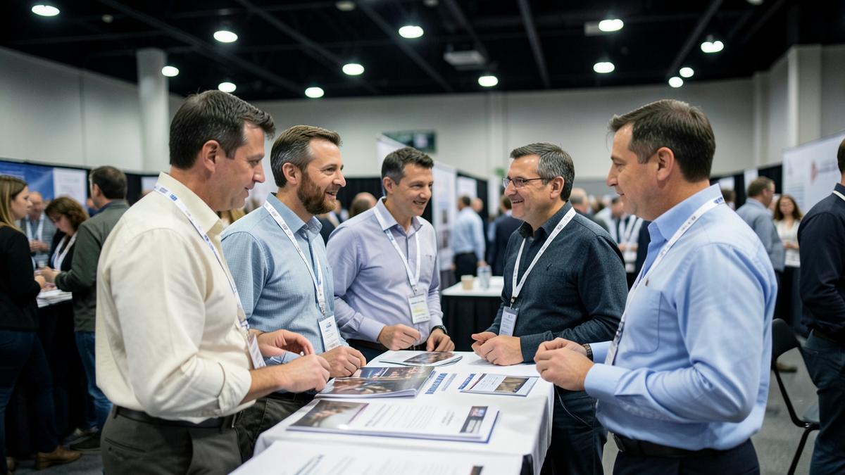 Attendees talking with staff across an exhibitor table at a medical transport conference