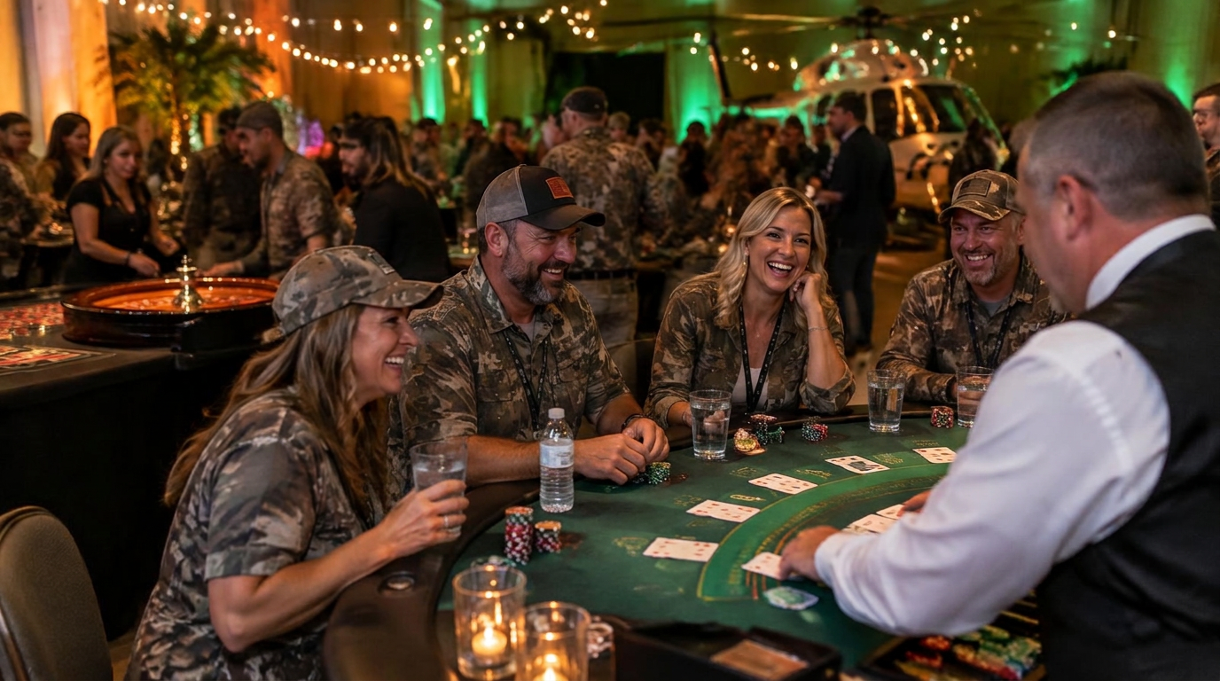 Attendees in camo enjoying casino-style gaming tables, prizes, and networking at a festive closing-night party