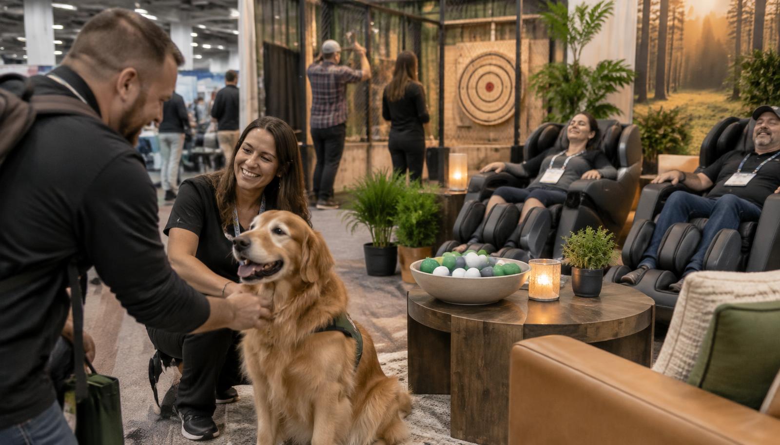 Attendees relaxing in a bright, energized conference booth with a therapy dog, mechanical foot-massage chairs, soft seating, and a nearby axe-throwing target