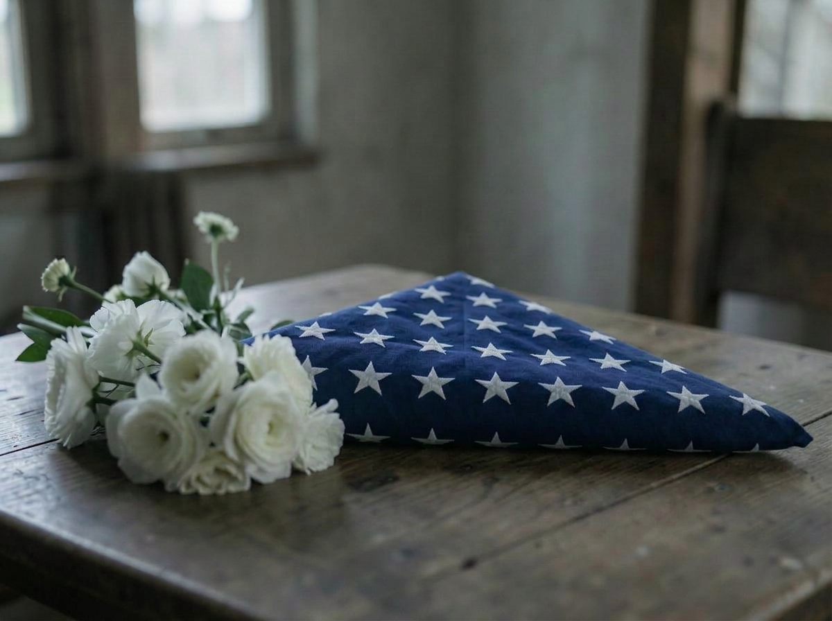 A folded flag and white flowers laid out for a quiet memorial tribute