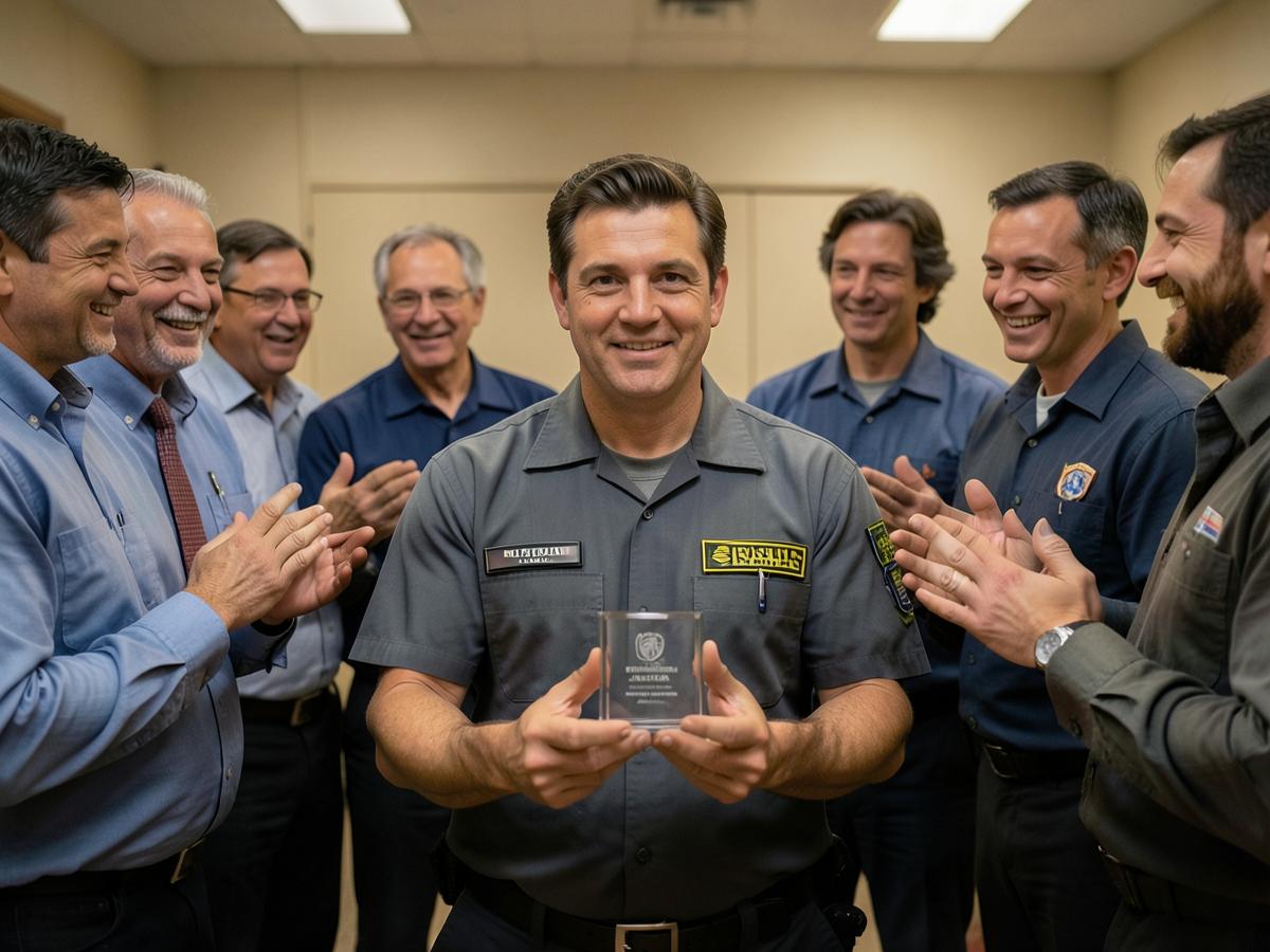 A transport professional holding a recognition award while colleagues applaud