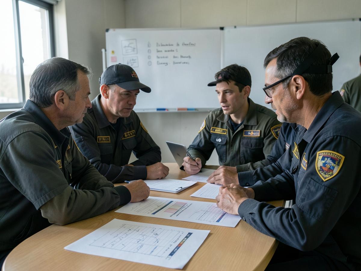 Transport crew reviewing data and charts together during a mission debrief