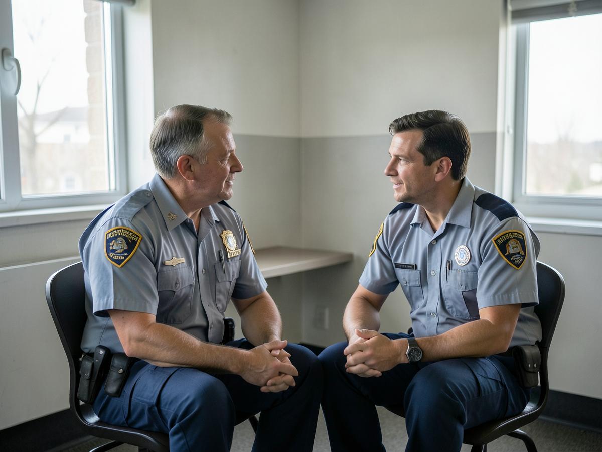 Two transport crew members talking one to one in a quiet peer support conversation