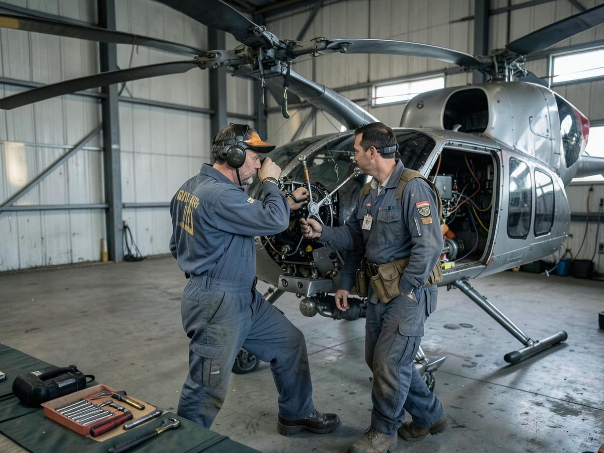 Aviation maintenance technicians inspecting the rotor head of a medical helicopter